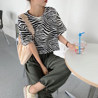 Printed Short-sleeve Cropped T-shirt / Drawstring Hem Harem Pants