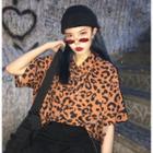 Leopard Print Short Sleeve Blouse As Shown In Figure - One Size