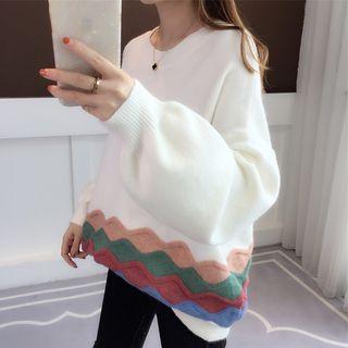 Wavy Color Panel Puff-sleeve Knit Sweater