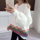 Wavy Color Panel Puff-sleeve Knit Sweater