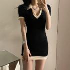 V-neck Color-block Short Sleeve Dress