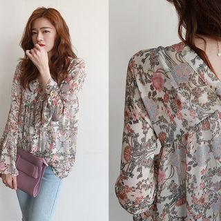 V-neck Ruffle-cuff Floral Chiffon Blouse