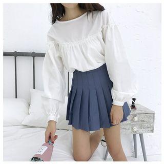 Round-neck Loose-fit Long-sleeve Blouse Black - One Size