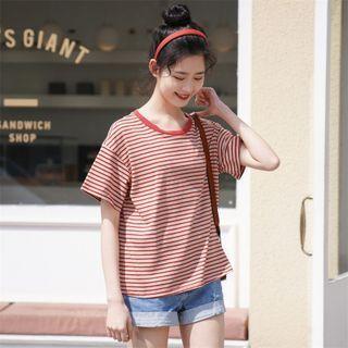Short-sleeve Striped T-shirt Orange & White - One Size