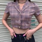 Short Sleeve Plaid Collared Cropped Shirt