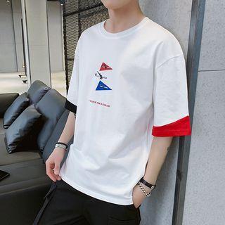 Elbow-sleeve Contrast Edge Graphic T-shirt