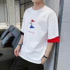 Elbow-sleeve Contrast Edge Graphic T-shirt