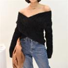 Off Shoulder Plain Woolen Sweater Black - One Size