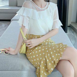 Set: Short-sleeve Ruffle Trim Top + Dotted A-line Skirt