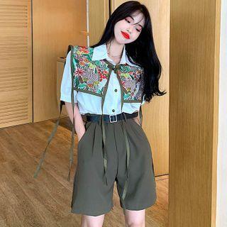 Short-sleeve Loose Shirt With Shawl / Dress Shorts With Belt
