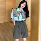Short-sleeve Loose Shirt With Shawl / Dress Shorts With Belt