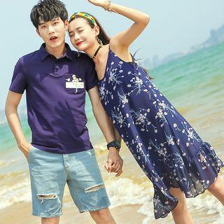 Couple Matching Pocket Detail Short-sleeve Polo Shirt / Floral Spaghetti Strap Dress