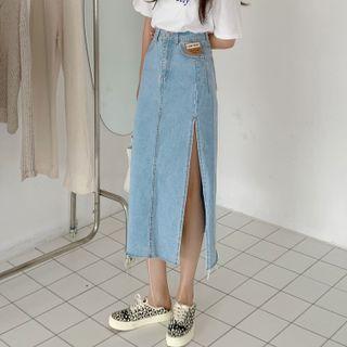 Slit Fray Hem Denim Midi Pencil Skirt