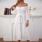 Long-sleeve Off-shoulder Button-up Midi A-line Dress