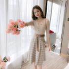 Set: 3/4-sleeve V-neck Knit Top + Plaid A-line Skirt