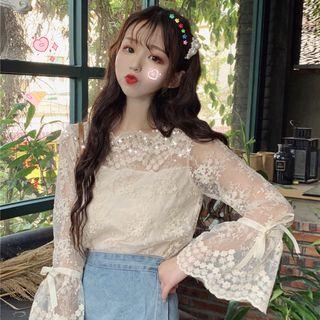 Long-sleeve Lace Top Almond - One Size