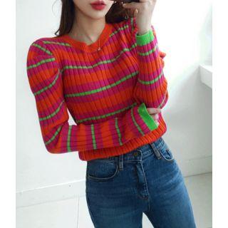 Puff-shoulder Striped Ribbed Knit Top