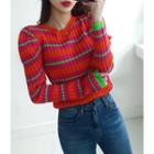 Puff-shoulder Striped Ribbed Knit Top