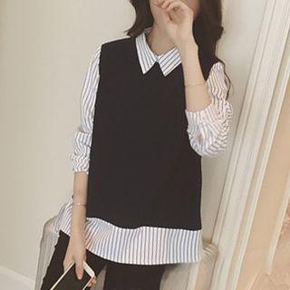 Striped Mock Two-piece Chiffon Blouse