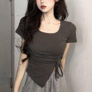 Short-sleeve Asymmetrical Top Gray - One Size