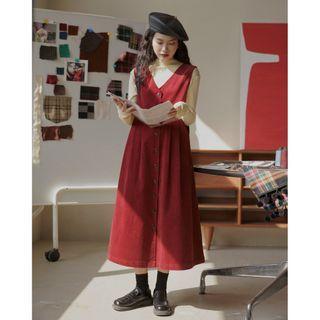 Button-up Corduroy Midi A-line Overall Dress