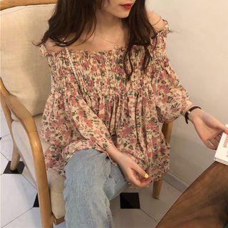 3/4-sleeve Floral Chiffon Blouse As Shown In Figure - One Size