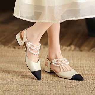 Two-tone Beaded Low-heel Sandals
