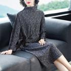 Mock-turtleneck Zebra Pattern Knit Dress