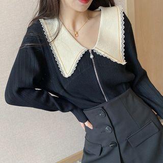 Lace Trim Collar Zip-up Knit Top Black - M