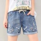 Drawstring Flower Embroidered Denim Shorts