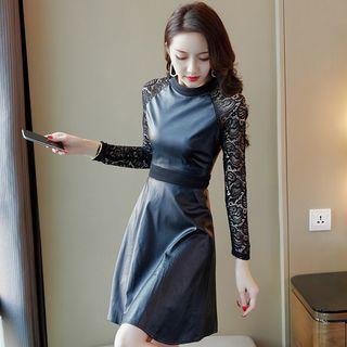 Lace-sleeve Faux Leather A-line Dress