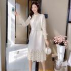 Mock Two-piece Long-sleeve Belted Midi Lace Dress