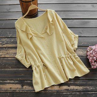 3/4-sleeve Ruffled Gingham Top
