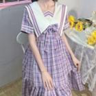 Short-sleeve Sailor Collar Plaid A-line Dress Plaid - Purple - One Size