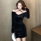 Long-sleeve Halter-neck Velvet Mini Dress