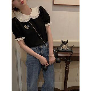 Contrast Collar Flower Embroidered Blouse
