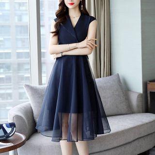 Mesh Panel Sleeveless V-neck Midi A-line Dress