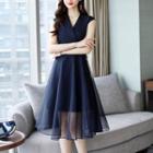 Mesh Panel Sleeveless V-neck Midi A-line Dress