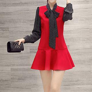 Mock Two-piece Tie-neck Dress