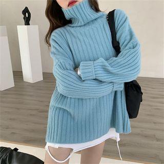 Turtleneck Plain Loose-fit Sweater / Long-sleeve Distressed T-shirt