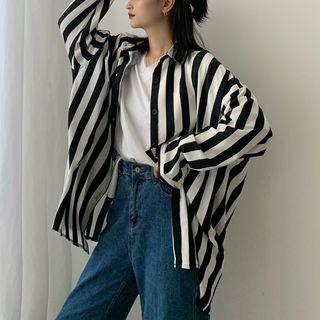 Pinstripe Long-sleeve Chiffon Shirt As Shown In Figure - One Size