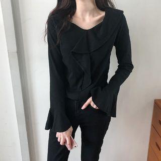 Ruffle-trim Cotton Top Black - One Size