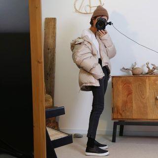 Hooded Duck Down Jacket With Belt Beige - One Size