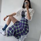 Shirred-trim Slit-front Plaid Skirt