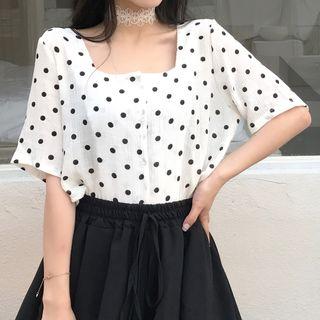 Polka Dot Short-sleeve Square Neck Blouse