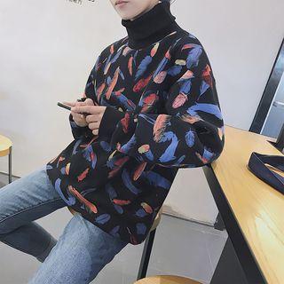 Feather Print Turtleneck Pullover