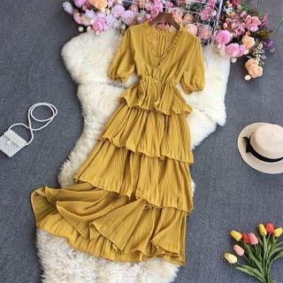 Elbow-sleeve Layered Maxi A-line Dress