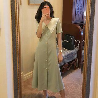 Collared Short-sleeve Midi Chiffon Dress