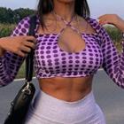 Long-sleeve Halter-neck Dotted Crop Top