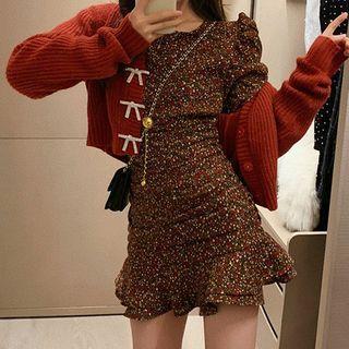 Puff-sleeve Floral Ruffle Hem Mini Bodycon Dress
